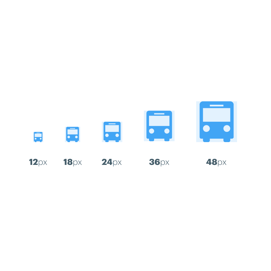 Image showing the icon sizing chart. Available sizes are: 12, 18, 24, 36 and 48 pixels.